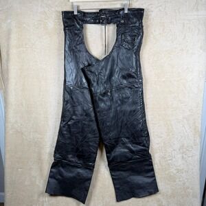 Black Geniune Leather Motorcycle Chaps XL‎ Patchwork Design Zip Legs Buckle Belt